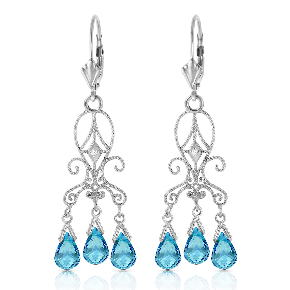 14K. GOLD CHANDELIER DIAMONDS EARRING WITH BLUE TOPAZ (White Gold)